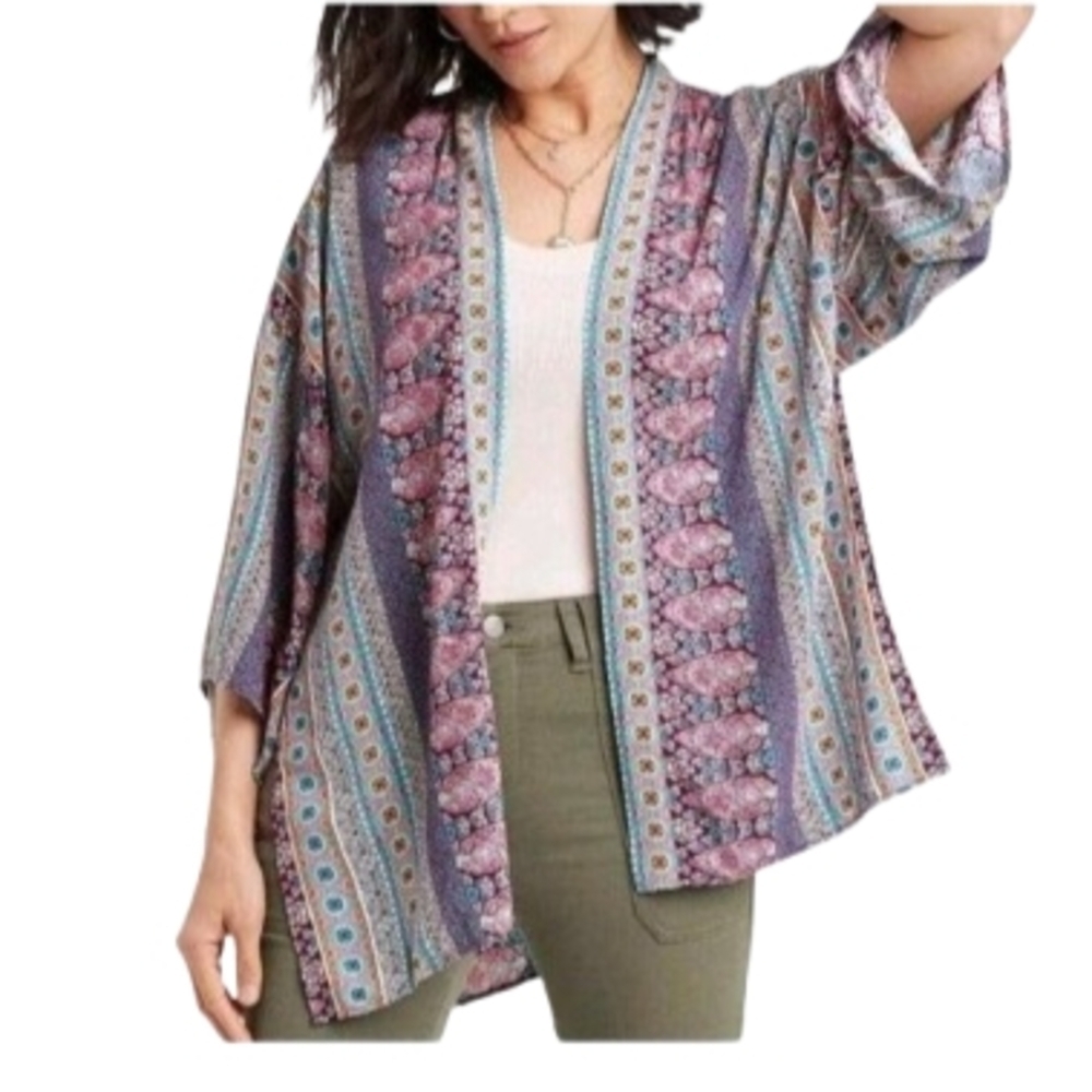 Knox Rose Purple Turquoise Boho Patterned Kimono Arm Holes Colorful Feminine